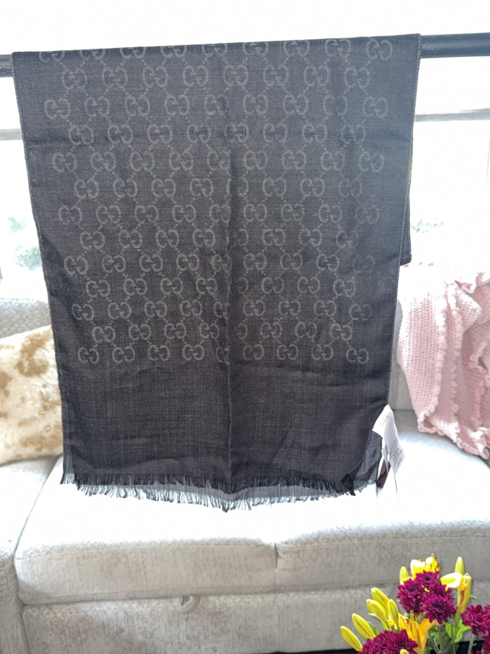 Gucci Reversible GG Monogram Wool Silk Scarf Black Grey 45 x 180 cm NWT
